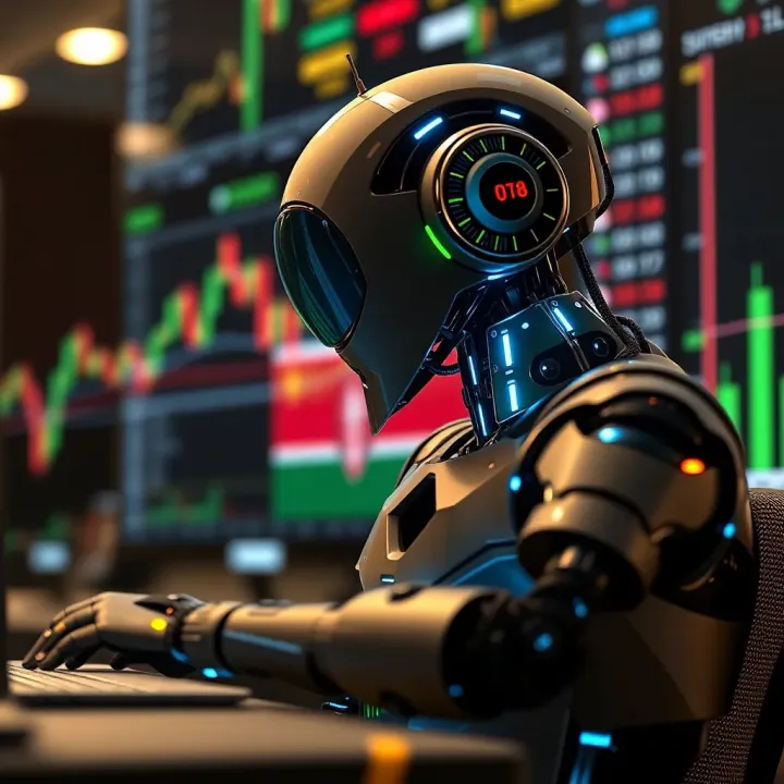 Automated Financial Trading with Kenyan Market Focus Illustration of a digital robot managing financial data and trading signals with Kenyan flag colors