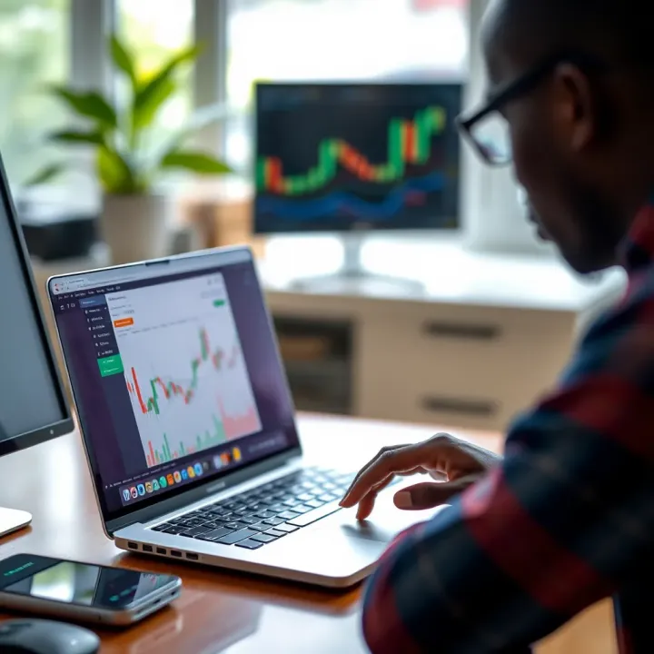 Kenyan trader using laptop to register on binary trading platform with clear interface