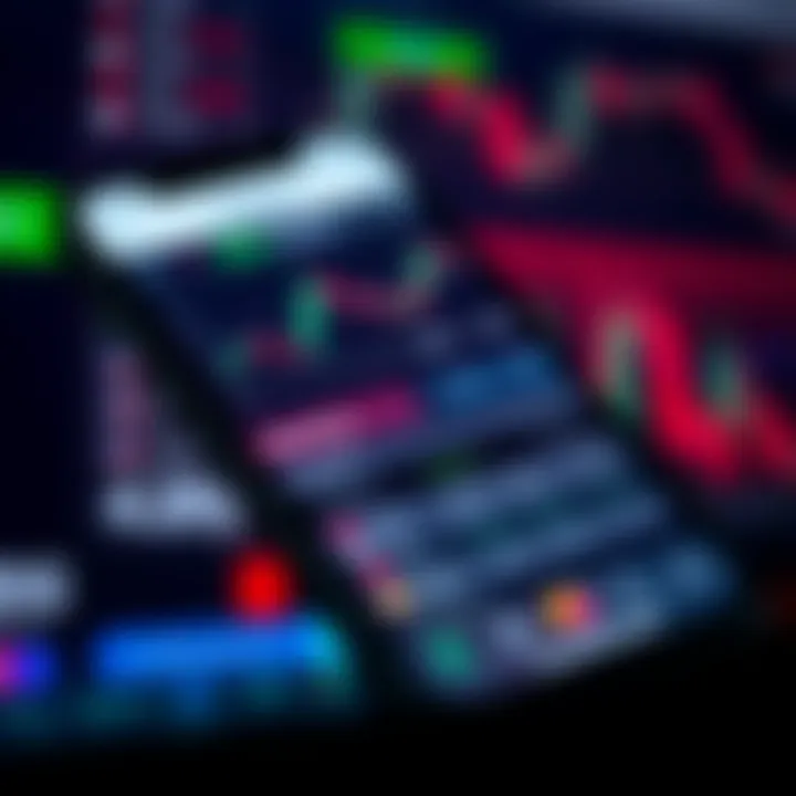 Mobile phone screen displaying a trading app interface with charts and options