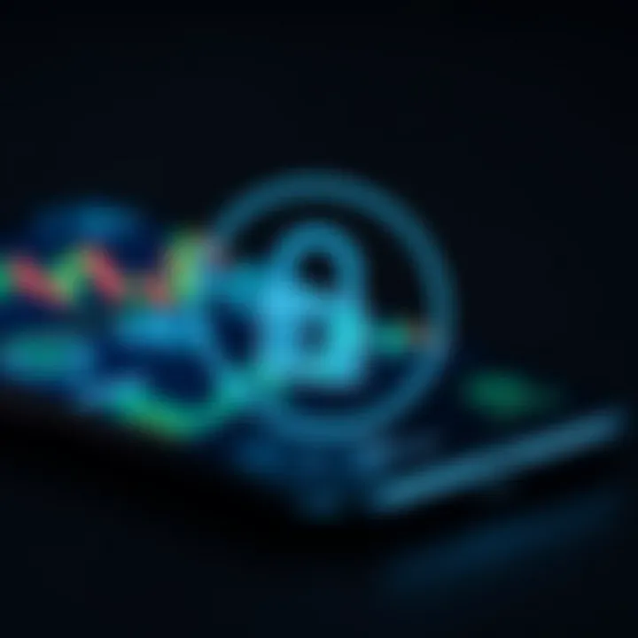 Secure padlock icon overlaid on smartphone showing financial graphs and regulatory symbols