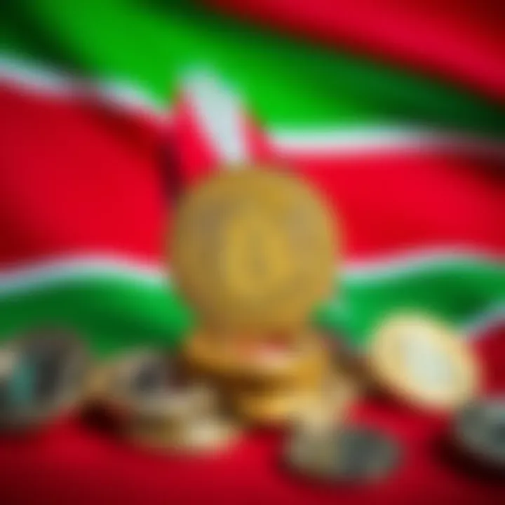 Digital representation of cryptocurrency symbols over a Kenyan flag background