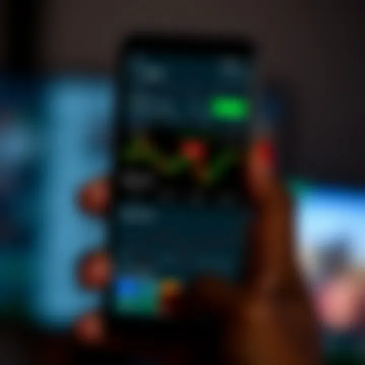 Android smartphone displaying the Deriv app interface with trading charts and options