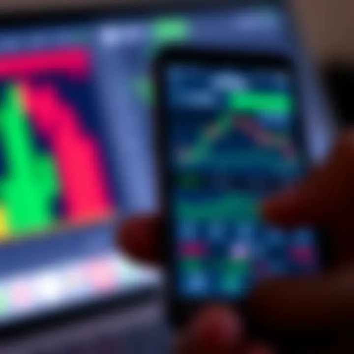Mobile device displaying a forex trading application interface with various currency pairs and real-time charts