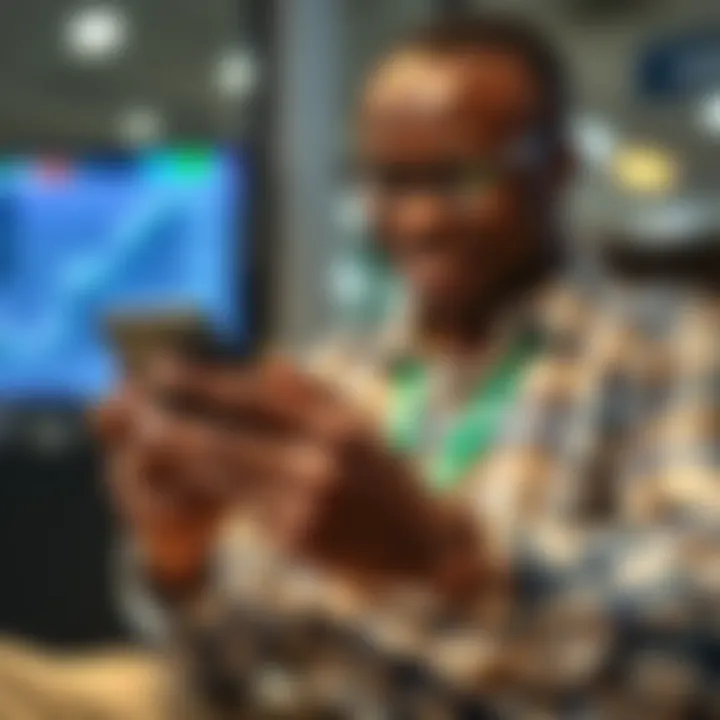Illustration of Kenyan trader using M-Pesa on mobile device for seamless fund transfers