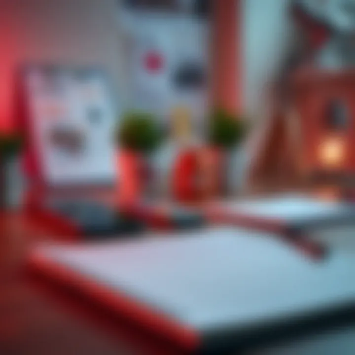 Creative workspace with smartphone, notebook, and social media icons representing content creation and promotion