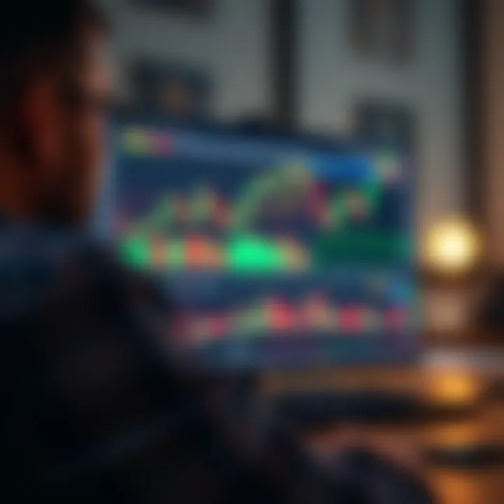 Illustration of a digital trading platform showing various financial charts and binary options interface