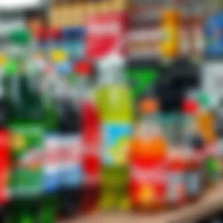 Various beverage bottles from global and local brands displayed on a store shelf