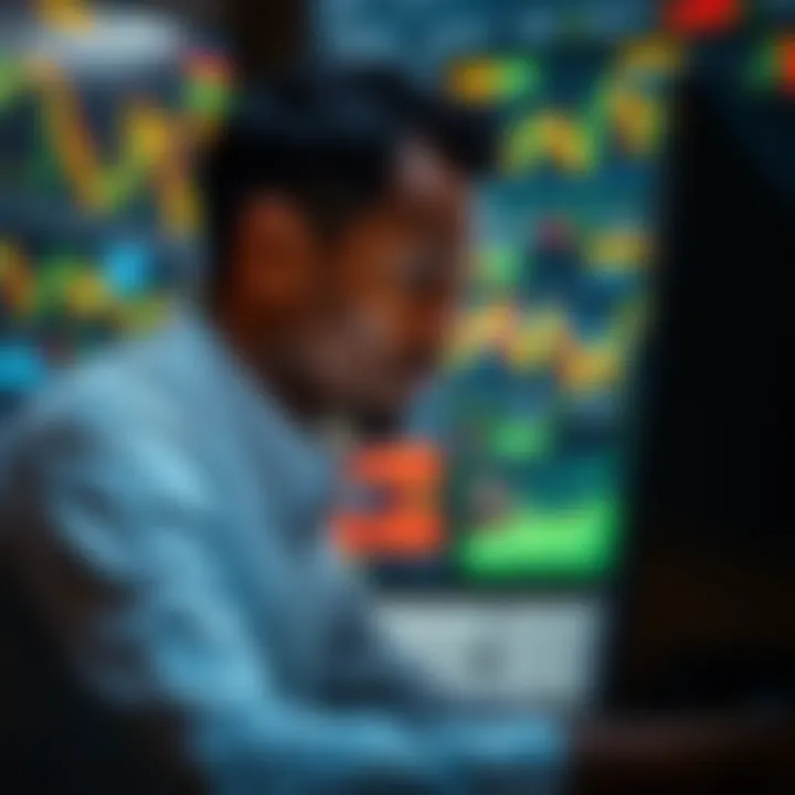 Illustration showing a trader analyzing financial charts and data on multiple screens