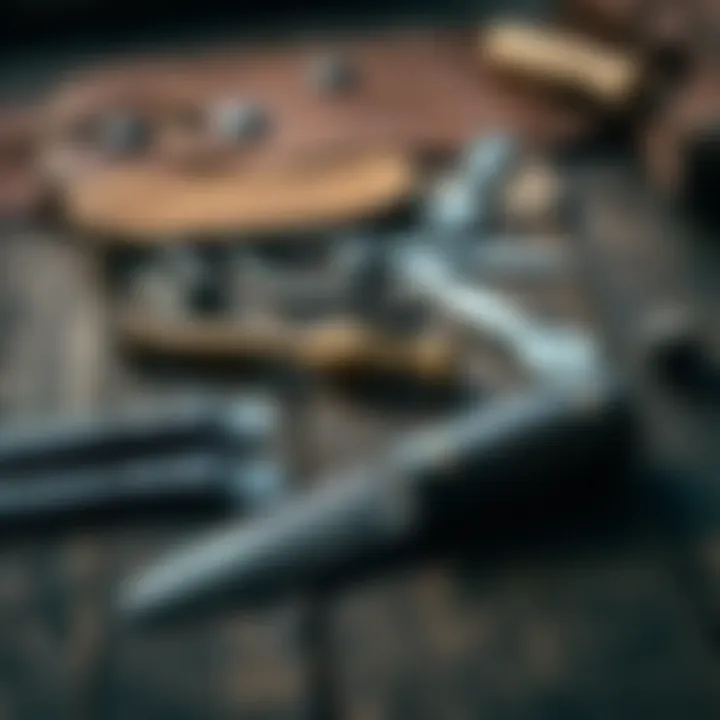 Traditional leather crafting tools and materials laid out on a wooden surface