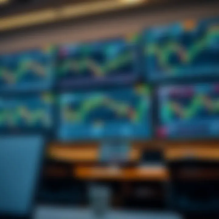Illustration of financial trading charts and graphs displayed on multiple digital screens representing diverse trading services