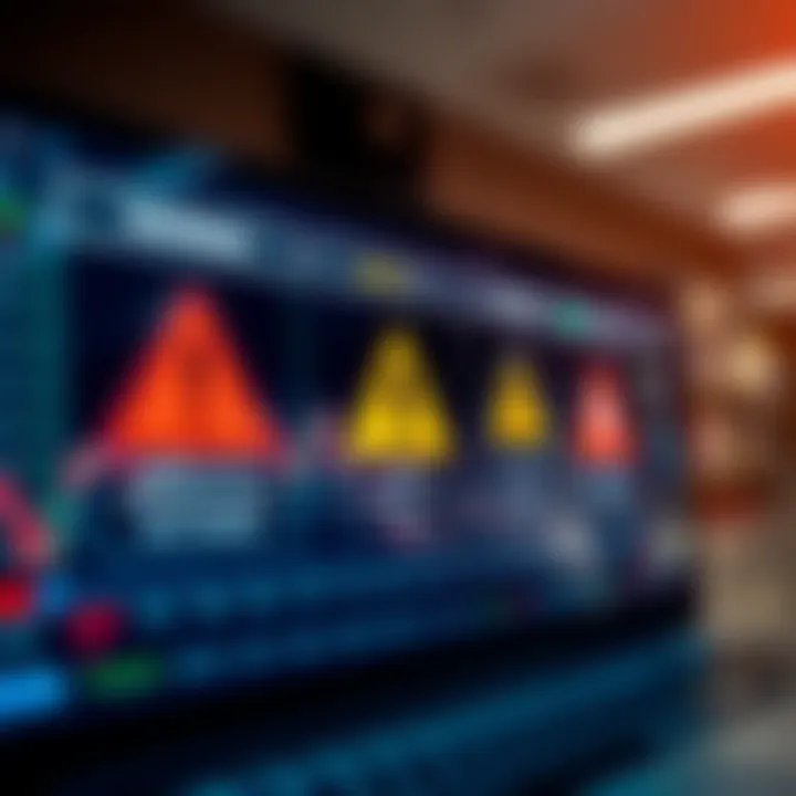 Conceptual graphic depicting risks and caution symbols related to online forex trading platforms