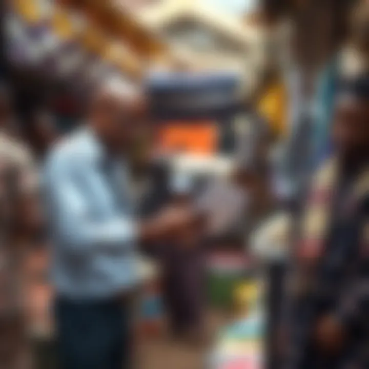 Two traders exchanging documents in a bright Kenyan market symbolizing trust and partnership