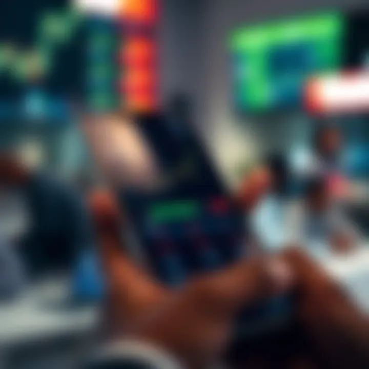 Mobile phone displaying a trading app interface with market trends and trade options