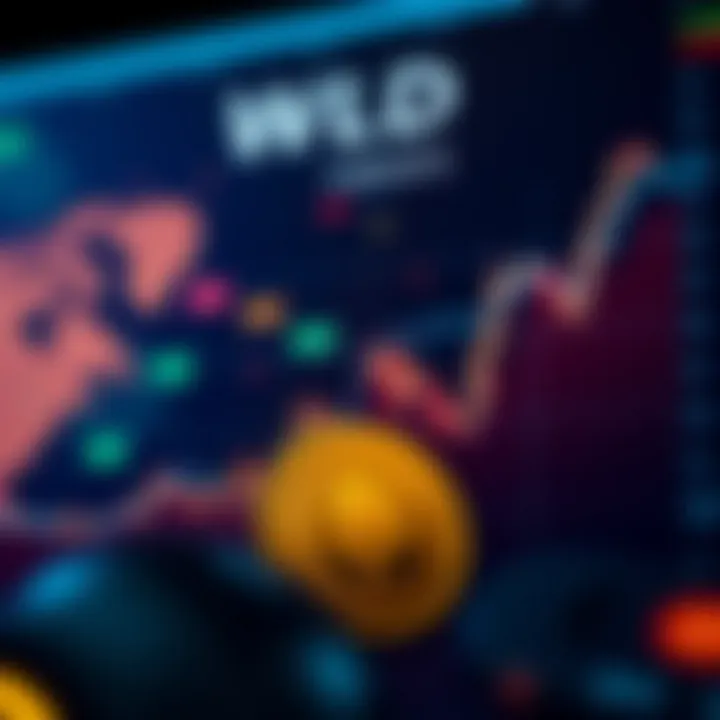 Chart showing upward trend in Worldcoin cryptocurrency value with digital currency symbols in background