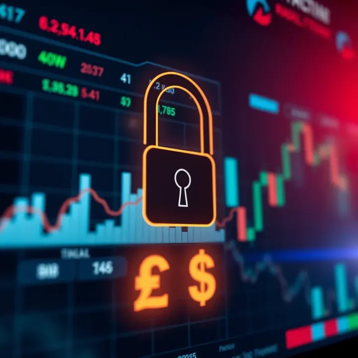 Secure online trading platform interface with lock symbol and currency icons