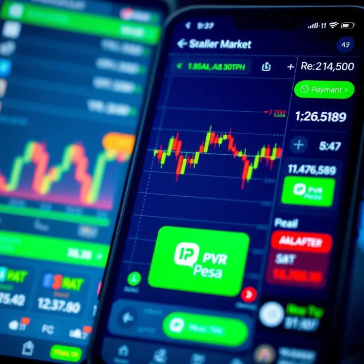 User interface of a trading application displaying real-time stock charts and M-Pesa payment option