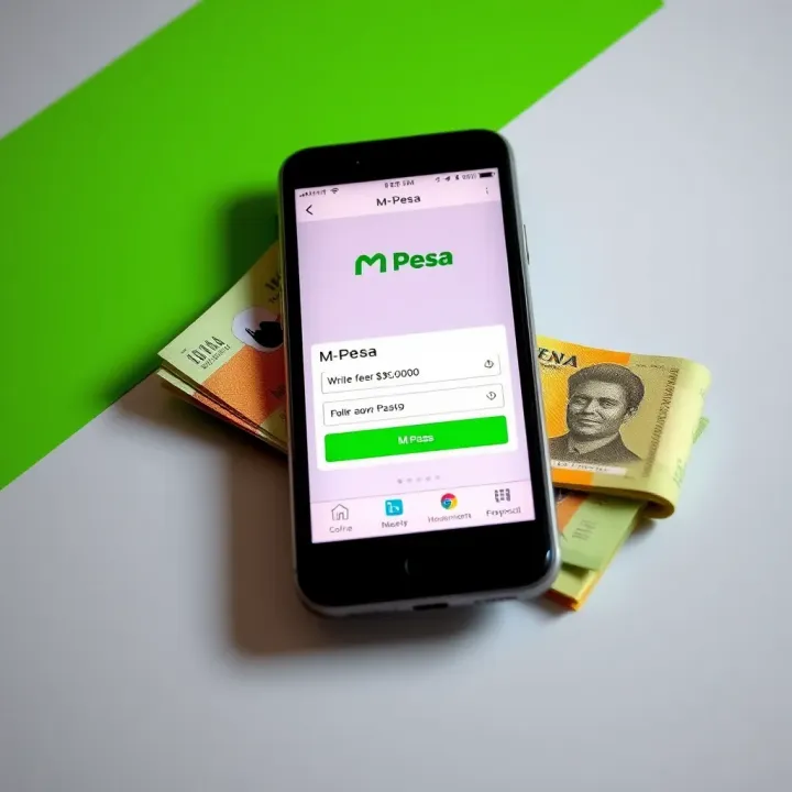 Illustration showing a mobile phone displaying the M-Pesa app with Kenyan currency notes beside it