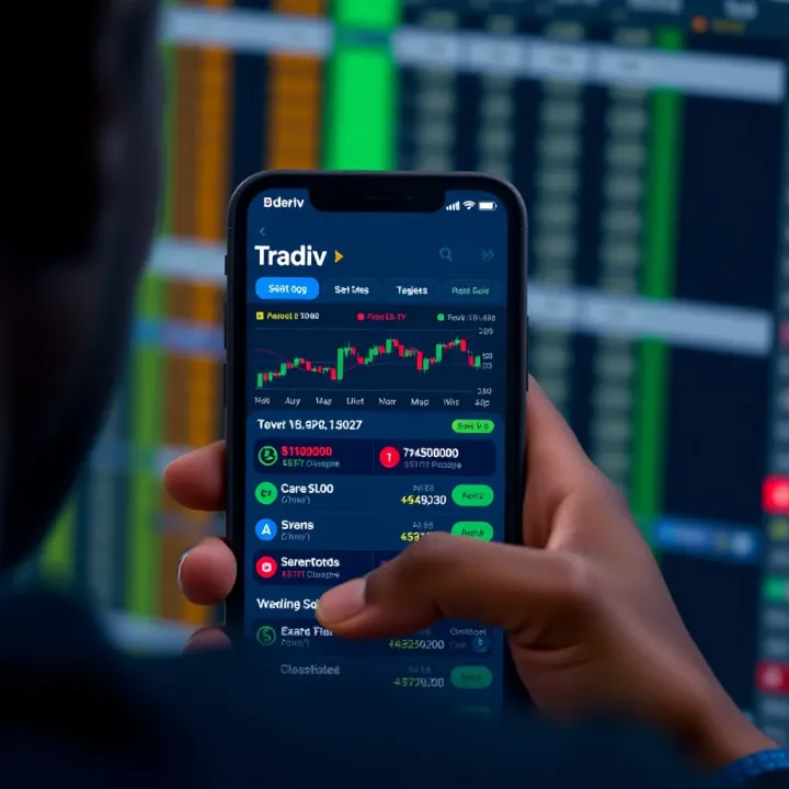 Mobile phone screen showing the Deriv APK interface with trading charts and options