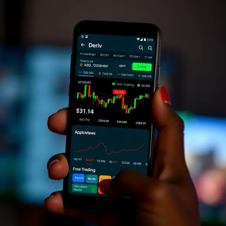 Android smartphone displaying the Deriv app interface with trading charts and options