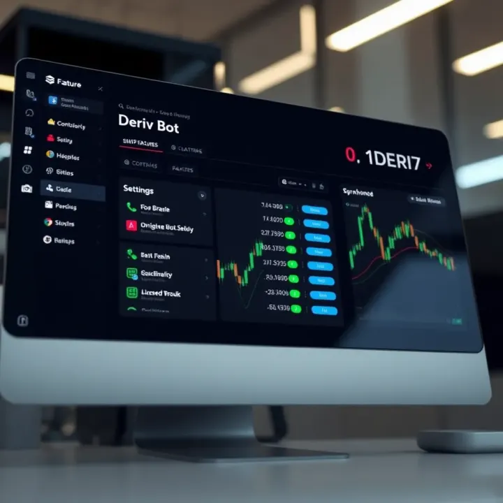 Dashboard view showing features and settings for configuring Deriv binary bot