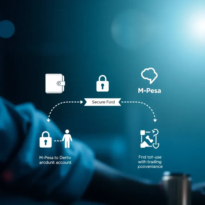 Diagram illustrating the flow of funds from M-Pesa wallet to Deriv trading account with security and convenience symbols