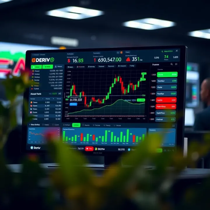User interface of Deriv trading platform displaying various trading options and real-time market data