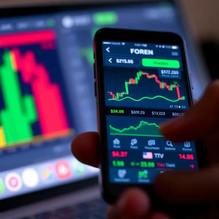 Mobile device displaying a forex trading application interface with various currency pairs and real-time charts