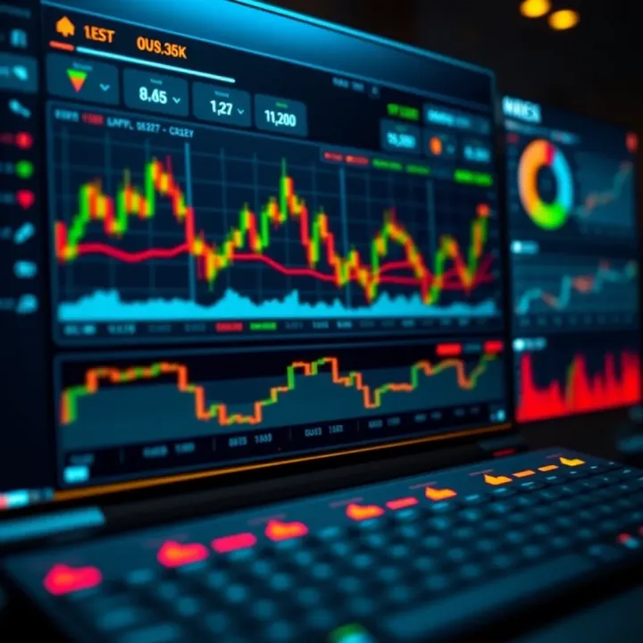 Illustration of a trading dashboard showing charts, risk indicators, and account balance