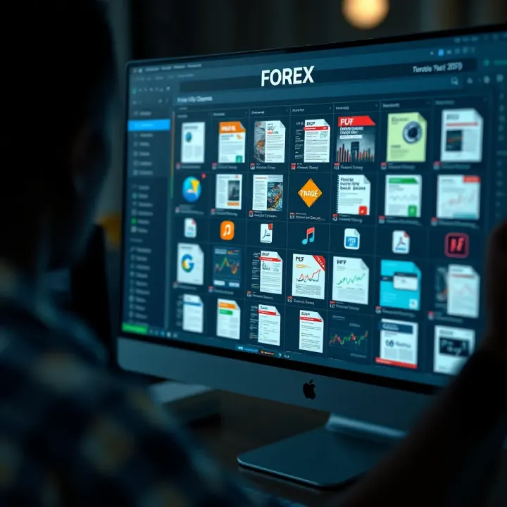 Computer screen displaying a digital library of Forex educational PDFs accessible to traders