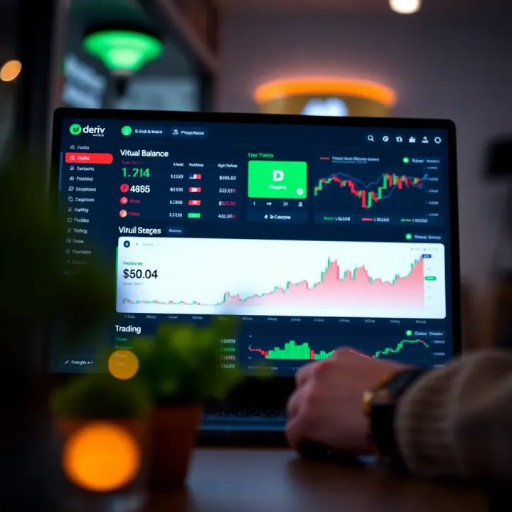 Deriv Demo Account Trading Dashboard for Risk-Free Practice Deriv trading dashboard displaying charts and virtual balance for practice trading