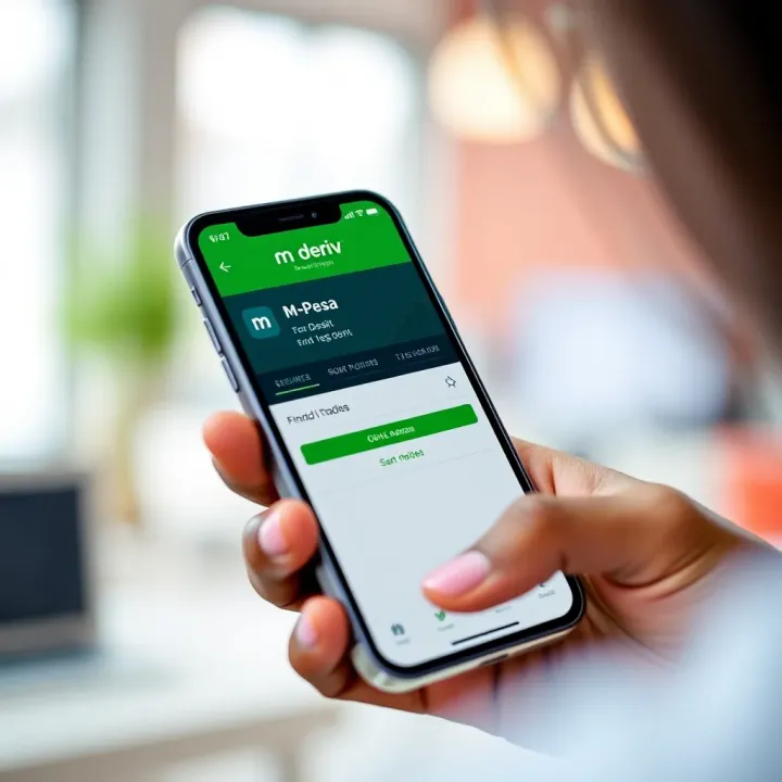 Mobile phone displaying M-Pesa app with Deriv trading platform open
