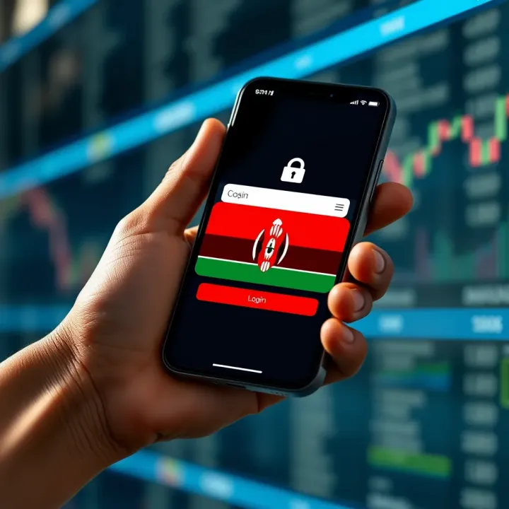 Mobile device displaying IQ Option login screen with Kenyan flag symbol indicating secure access