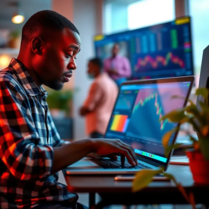 Illustration of a Kenyan trader using a laptop to practice trading on Quotex before transitioning to live trading