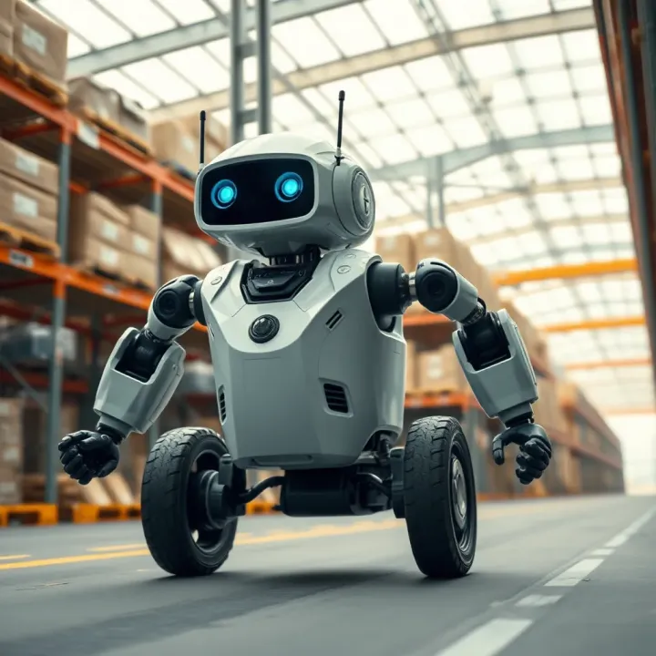 Autonomous robot navigating a complex industrial warehouse environment