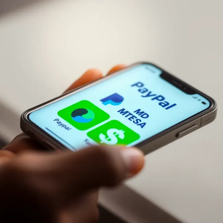 Mobile phone displaying PayPal and M-Pesa apps with Kenyan currency symbols