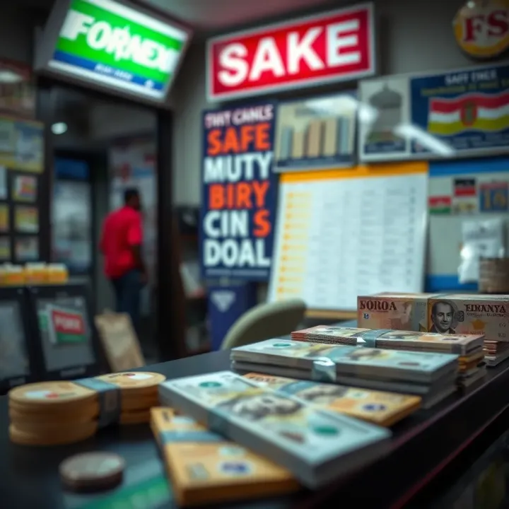 Currency exchange bureau counter with various foreign and Kenyan currencies
