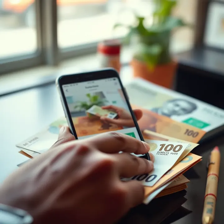 Currency notes and mobile phone displaying M-Pesa app for money exchange in Kenya
