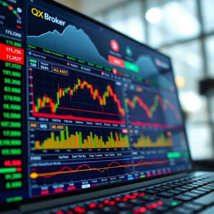 Dashboard of QX Broker trading platform displaying multiple financial charts and market indicators