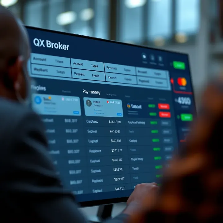 QXBroker Platform with Account Types and Payment Methods Interface of QXBroker platform displaying account options and payment methods including mobile money