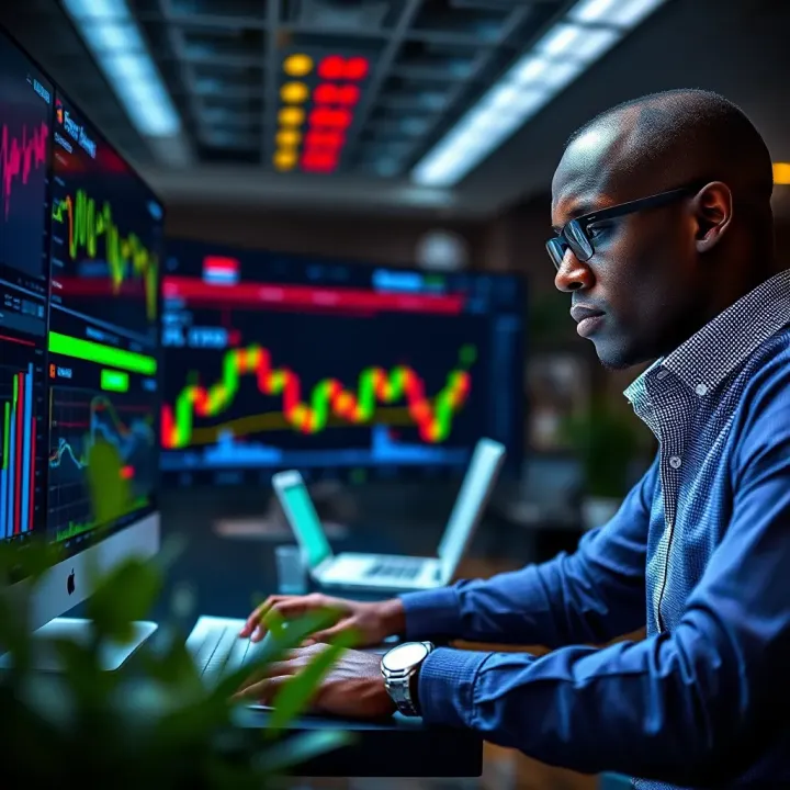 Illustration of a trader analyzing data and charts to make informed forex decisions