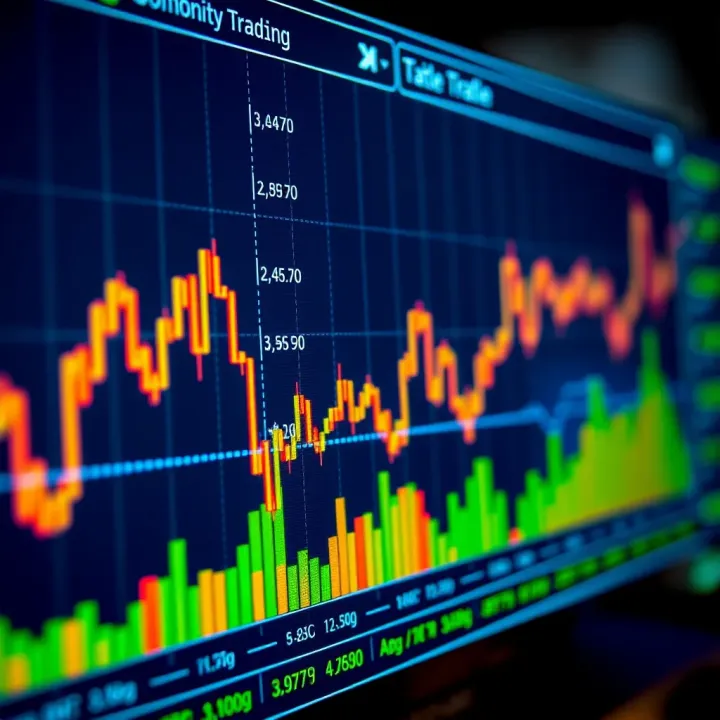 Graph showing rising and falling commodity prices on a digital trading platform
