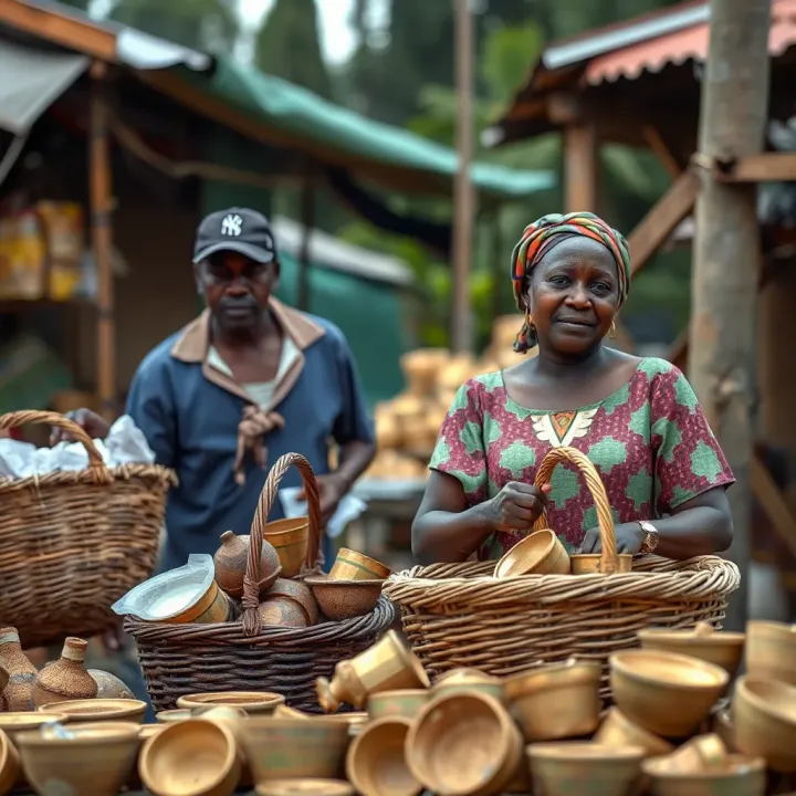 Distinguishing Between Goods and Services in Kenya Comparison illustration showing goods like baskets and services such as market trading