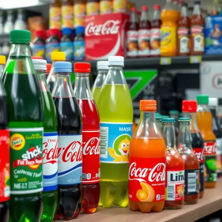 Various beverage bottles from global and local brands displayed on a store shelf
