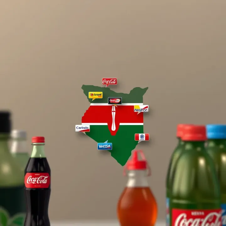 Map highlighting Kenya with icons representing popular beverage companies and soda varieties