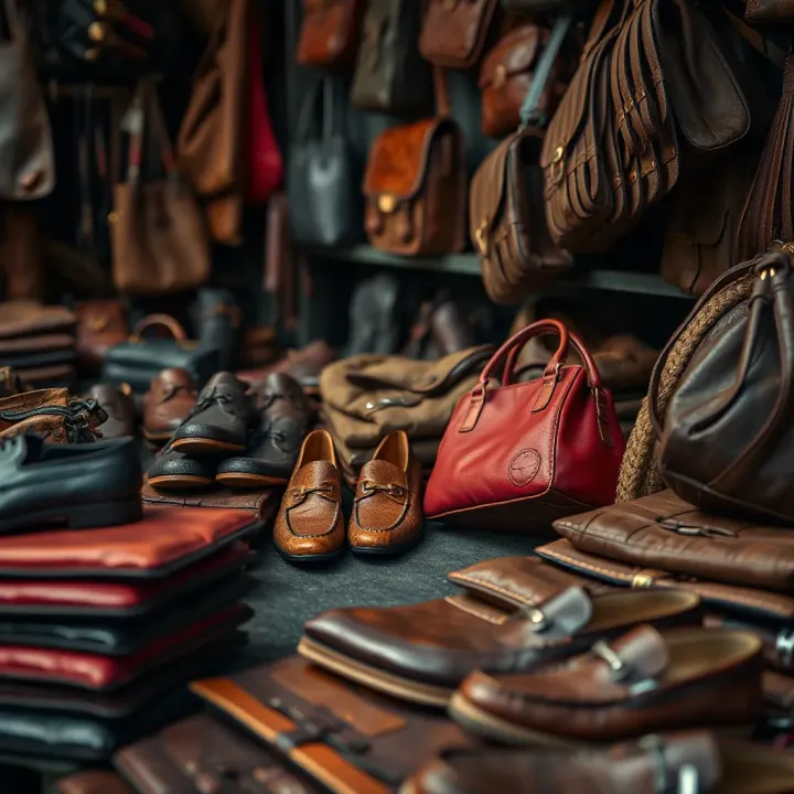 Variety of Leather Products in a Kenyan Market Variety of leather products including shoes and bags displayed in a Kenyan market