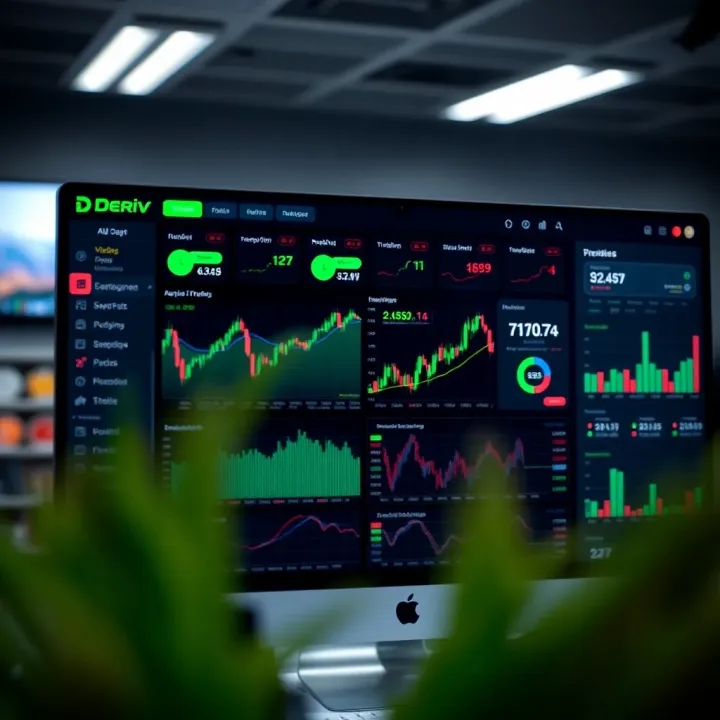 Screenshot of Deriv trading platform dashboard displaying various trading options and market charts