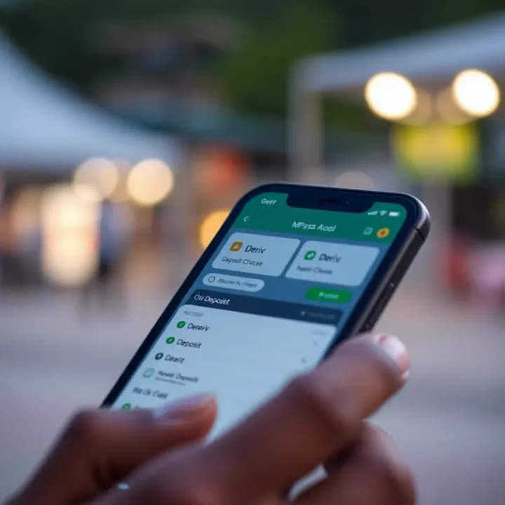 Mobile phone screen displaying MPESA interface with Deriv deposit options