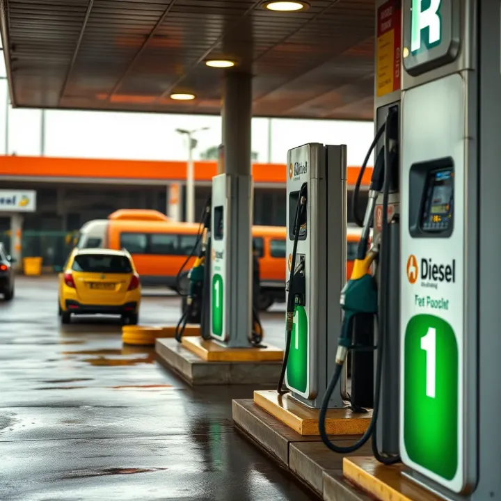 Diesel fuel pumps at a fueling station in Kenya with vehicles refueling