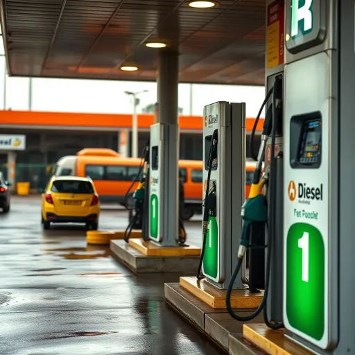 Diesel Fuel Dispensing at Kenyan Transport Station Diesel fuel pumps at a fueling station in Kenya with vehicles refueling
