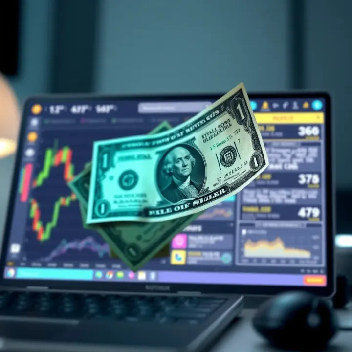 Illustration of a digital dollar bill emerging from a computer screen symbolizing online money schemes